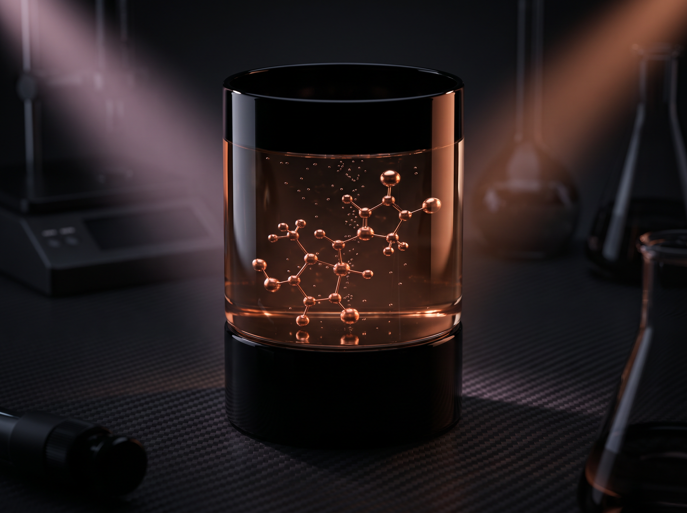 Copper peptide structure suspended in laboratory glassware — THE AMINA COMPLEX