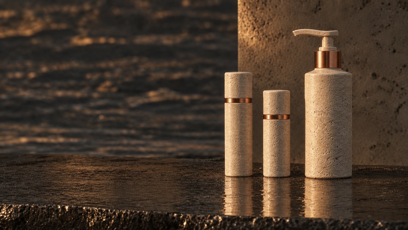 The AMINATIDE Foundational System wrapped in silk, standing at the waterline at dusk